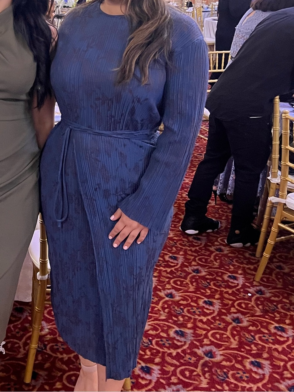 Zara Teal-Blue Ribbed Long-Sleeve Midi Dress with Waist Tie